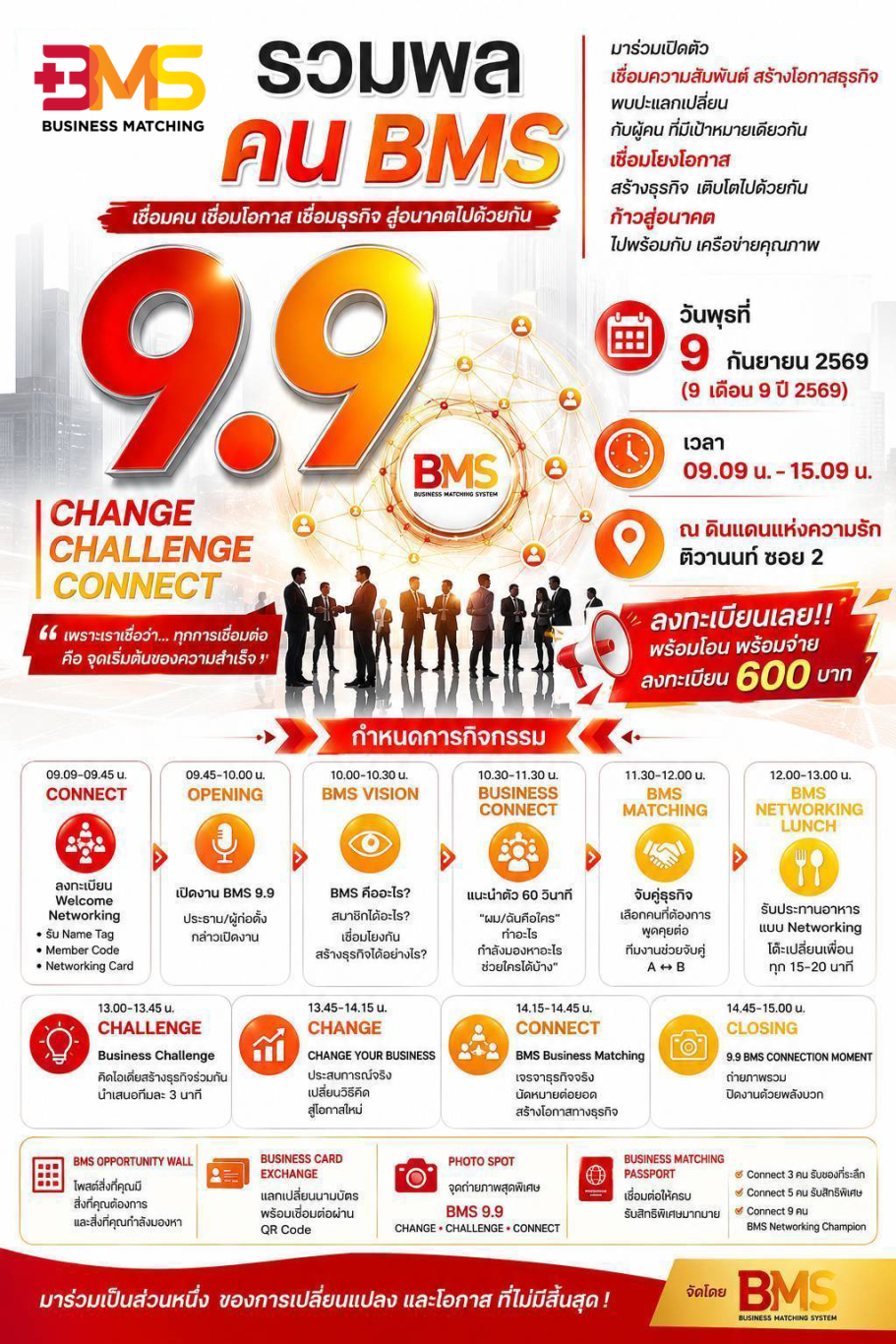 วันพุธที่ 9 กันยายน 2569 รวมพล คน BMS ณ ดินแดนแห่งความรัก ติวานนท์ ซอย 2
