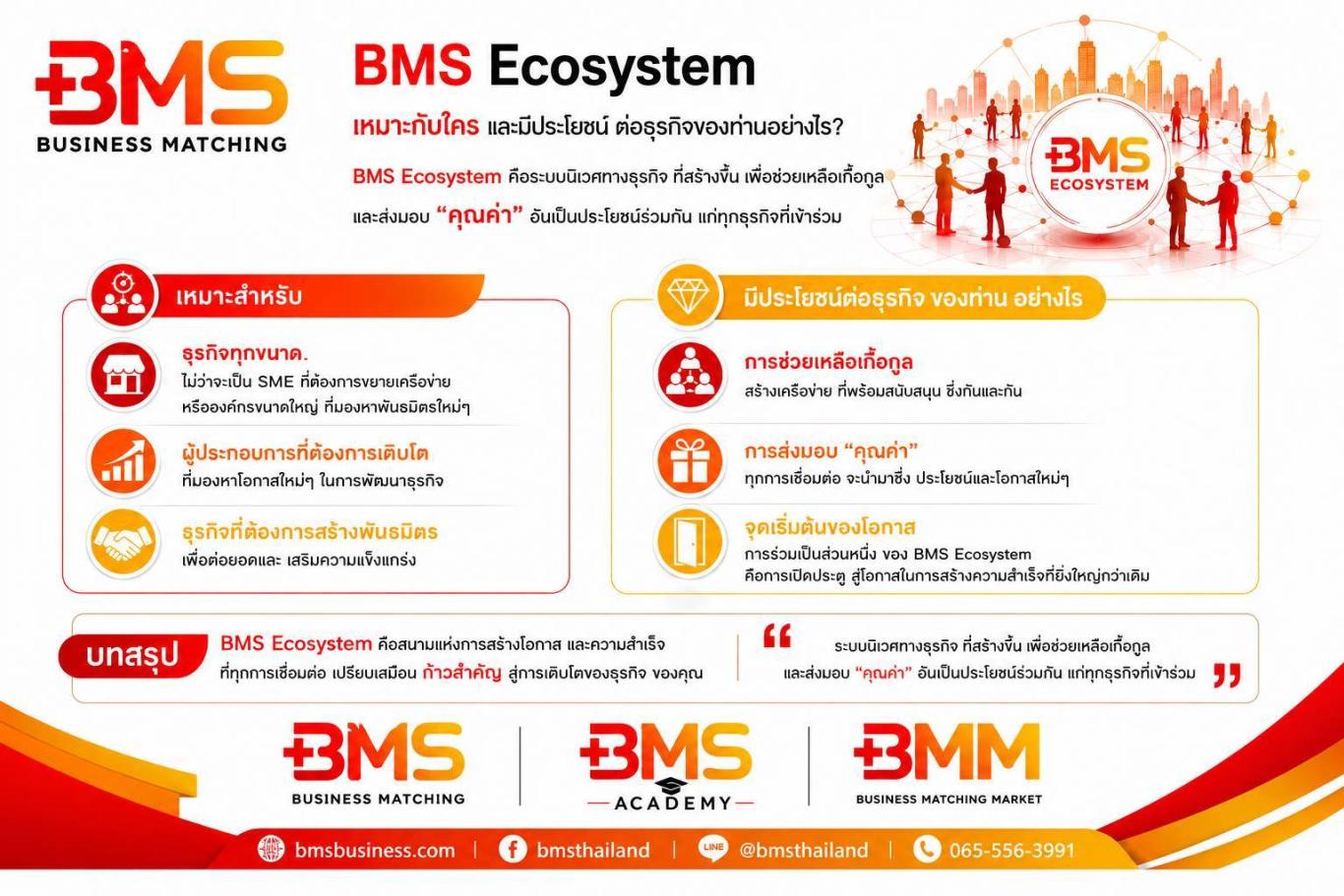 BMS Ecosystem คือระบบนิเวศทางธุรกิจ ที่สร้างขึ้น เพื่อช่วยเหลือเกื้อกูล และส่งมอบ "คุณค่า" อันเป็นประโยชน์ร่วมกัน แก่ทุกธุรกิจที่เข้าร่วม